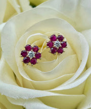 Ruby and Diamond Flower Stud Earrings