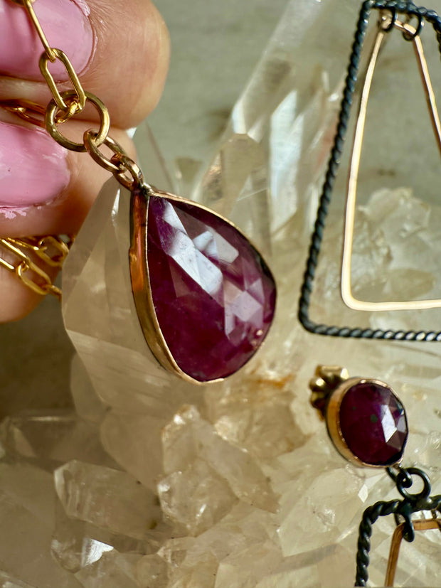Ruby Pendant with Paperclip Chain Necklace