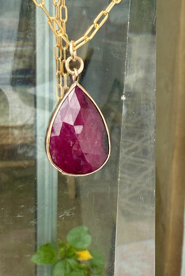 Ruby Pendant with Paperclip Chain Necklace