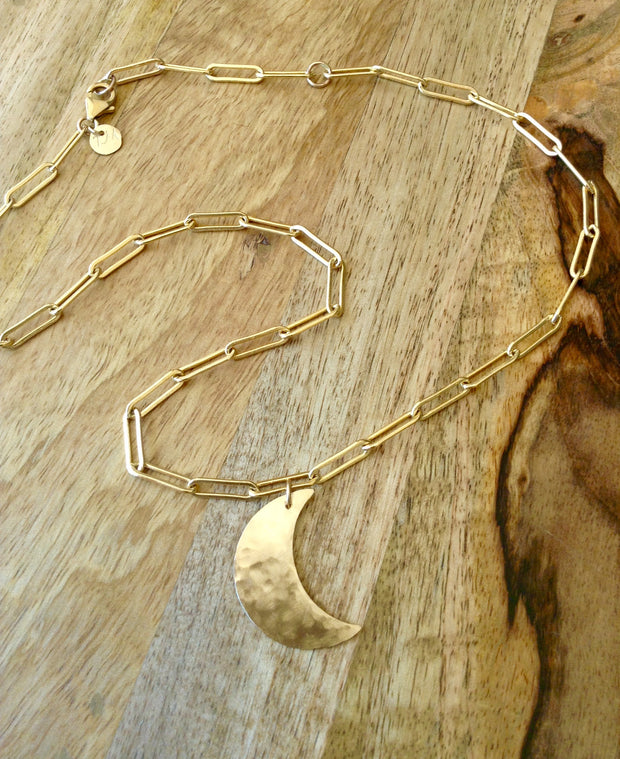 Crescent Moon and Paperclip Chain Gold Necklace