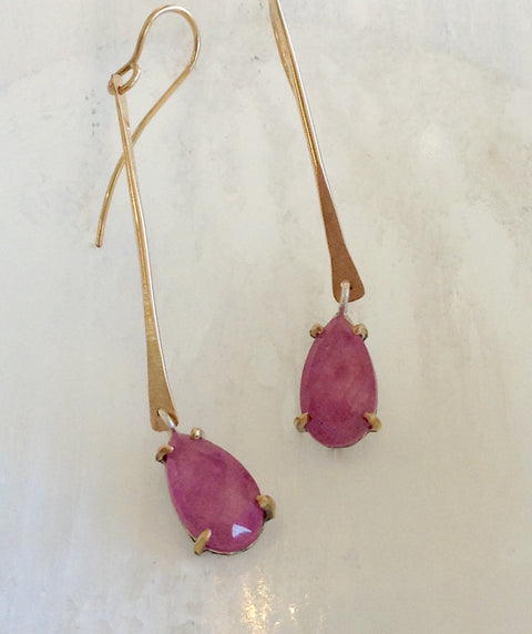 Gold Pink Sapphire Celtic Linear Earrings
